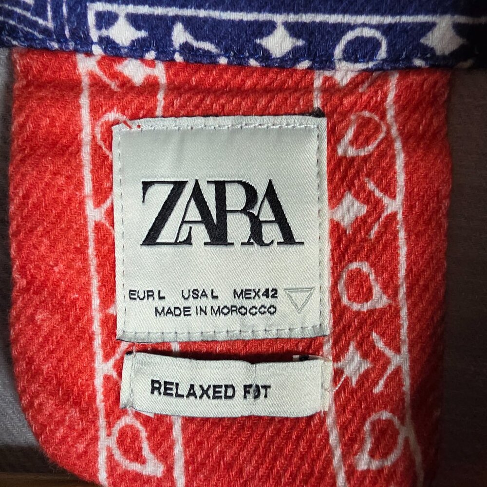 Zara Shirt Mens Size Large Blue Red Bandana Relaxed Button Down Cotton Twill - Picture 9 of 11